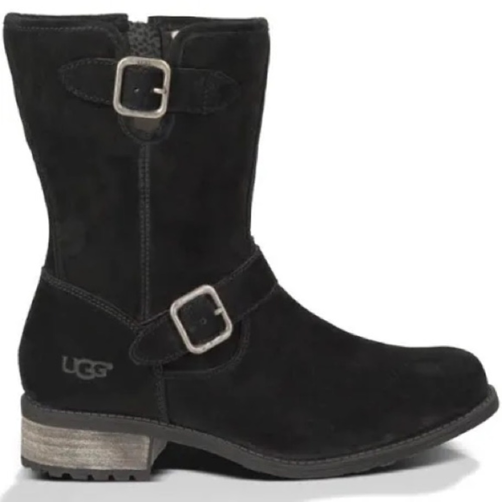 UGG Chaney Black Moto Boots with Silver Buckles